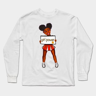 Girl power black anime girl cheerleader with Afro hair in puffs, dimples, brown eyes and dark brown skin side profile. Hair love ! Long Sleeve T-Shirt